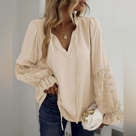 New Boho Flowy Peasant Tie Neck Swiss Dot Blouse Top Cream Beige Ivory - Picture 5 of 7